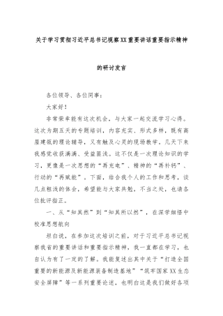 关于学习贯彻总书记视察XX重要讲话重要指示精神的研讨发言