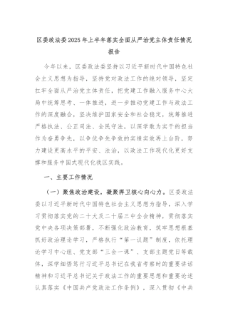 区委政法委2025年上半年落实全面从严治党主体责任情况报告