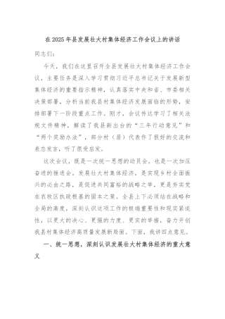 在2025年县发展壮大村集体经济工作会议上的讲话