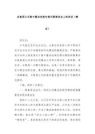 在集团公司集中整治违规吃喝问题推进会上的讲话（精品）