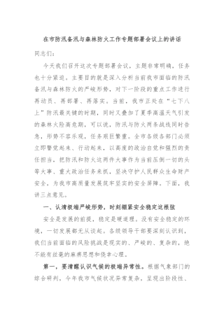 在市防汛备汛与森林防火工作专题部署会议上的讲话