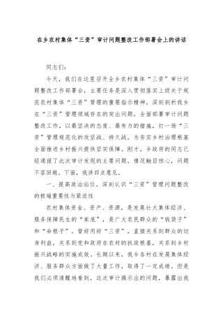 在乡农村集体“三资”审计问题整改工作部署会上的讲话