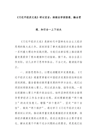 《总书记经济文选》研讨发言​：持续在学深悟透、融会贯通、知行合一上下功夫