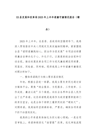 XX县发展和改革局2025年上半年诺廉守廉情况报告（精品）