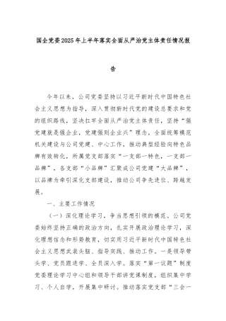 国企党委2025年上半年落实全面从严治党主体责任情况报告