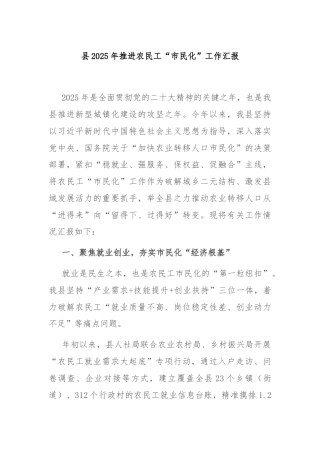 县2025年推进农民工“市民化”工作汇报