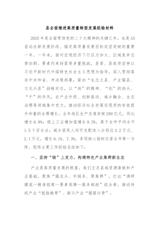 县全面推进高质量转型发展经验材料