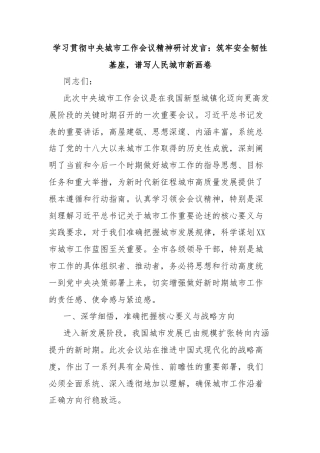 学习贯彻中央城市工作会议精神研讨发言：筑牢安全韧性基座，谱写人民城市新画卷