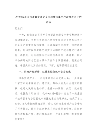 在2025年全市道路交通安全专项整治集中行动推进会上的讲话