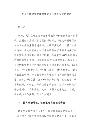 在全市耕地保护和粮食安全工作会议上的讲话