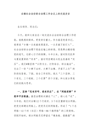 在镇社会治安综合治理工作会议上的交流发言