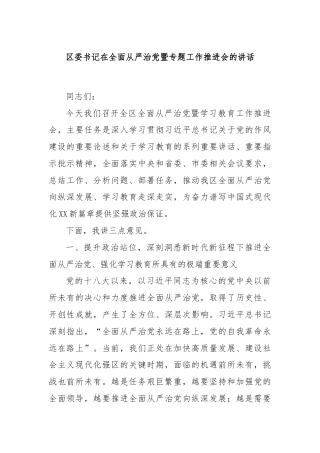 区委书记在全面从严治党暨专题工作推进会的讲话