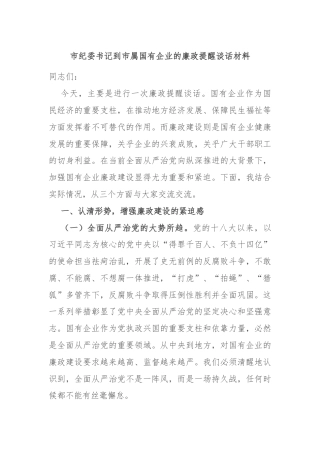 市纪委书记到市属国有企业的廉政提醒谈话材料