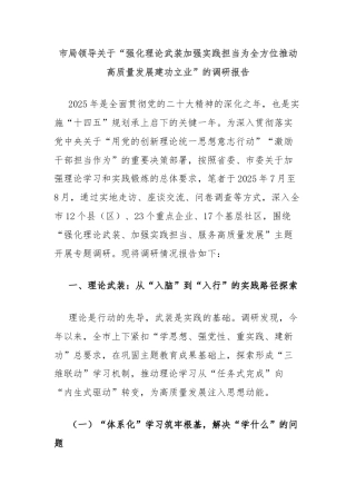 市局领导关于“强化理论武装加强实践担当为全方位推动高质量发展建功立业”的调研报告