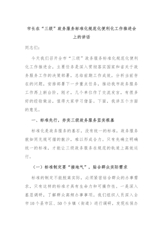 市长在“三级”政务服务标准化规范化便利化工作推进会上的讲话