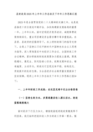 县财政局2025年上半年工作总结及下半年工作思路汇报