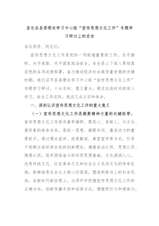 县长在县委理论学习中心组“宣传思想文化工作”专题学习研讨上的发言