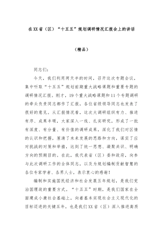 在XX省（区）“十五五”规划调研情况汇报会上的讲话（精品）
