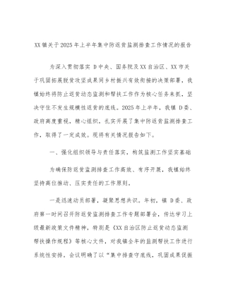 XX镇关于2025年上半年集中防返贫监测排查工作情况的报告