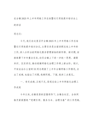 在全镇2025年上半年网格工作总结暨运行质效提升培训会上的讲话