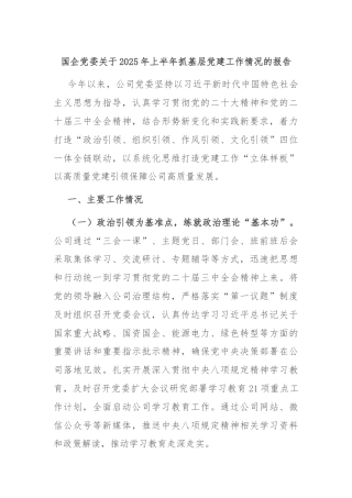 国企党委关于2025年上半年抓基层党建工作情况的报告