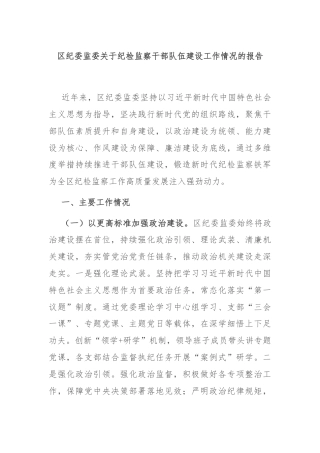 区纪委监委关于纪检监察干部队伍建设工作情况的报告