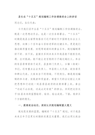 县长在“十五五”规划编制工作协调推进会上的讲话