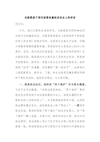 在新提拔干部任前集体廉政谈话会上的讲话