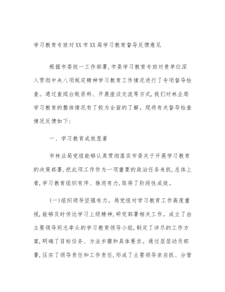 学习教育专班对XX市XX局学习教育督导反馈意见
