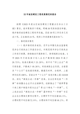 XX市诚信建设工程进展情况的报告