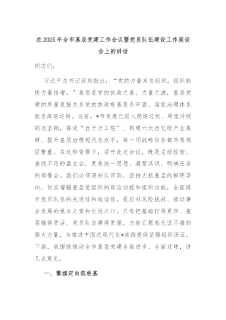 在2025年全市基层党建工作会议暨党员队伍建设工作座谈会上的讲话