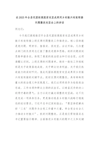 在2025年全县巩固拓展脱贫攻坚成果同乡村振兴有效衔接问题整改攻坚会上的讲话