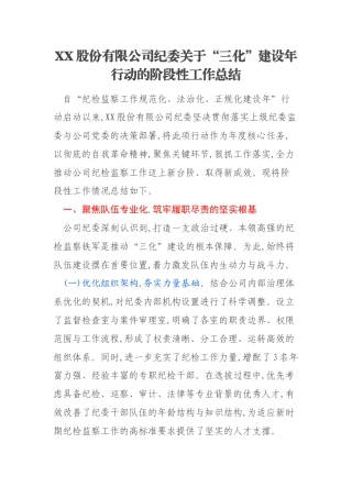 XX股份有限公司纪委关于“三化”建设年行动的阶段性工作总结