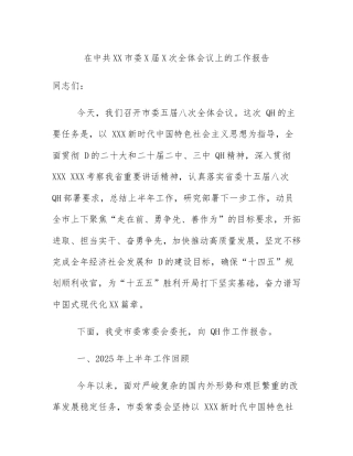 在中共XX市委X届X次全体会议上的工作报告
