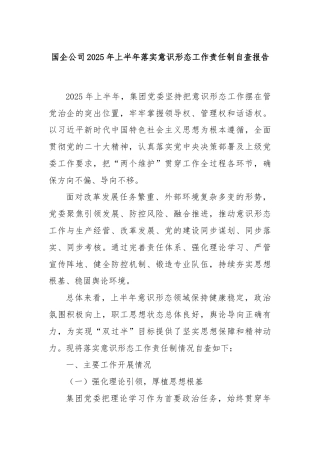 国企公司2025年上半年落实意识形态工作责任制自查报告