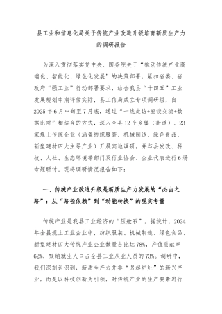 县工业和信息化局关于传统产业改造升级培育新质生产力的调研报告