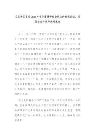 在共青团县委2025年全体团员干部会议上的党课讲稿：用团结奋斗开辟美好未来