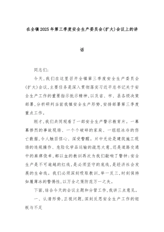 在全镇2025年第三季度安全生产委员会(扩大)会议上的讲话