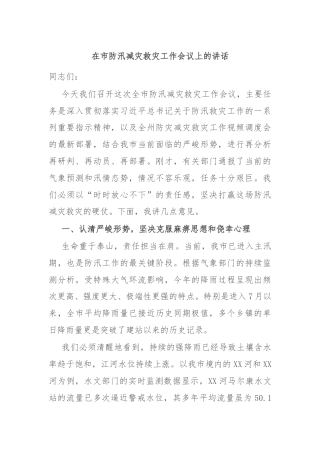 在市防汛减灾救灾工作会议上的讲话