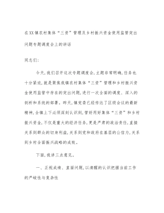 在XX镇农村集体“三资”管理及乡村振兴资金使用监管突出问题专题调度会上的讲话