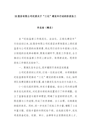 XX股份有限公司纪委关于“三化”建设年行动的阶段性工作总结（精品）