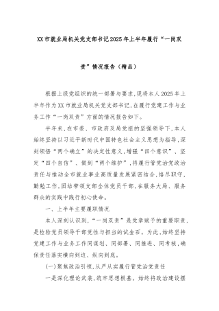 XX市就业局机关党支部书记2025年上半年履行“一岗双责”情况报告（精品）