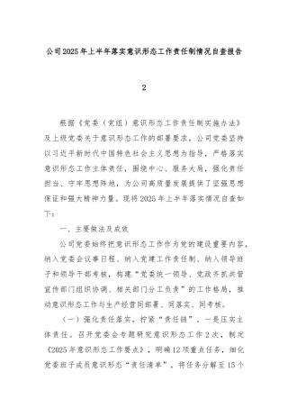 公司2025年上半年落实意识形态工作责任制情况自查报告2