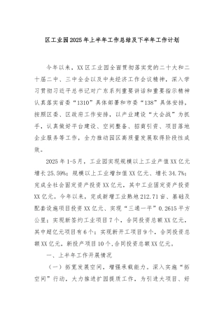 区工业园2025年上半年工作总结及下半年工作计划