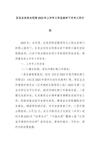 区农业农村水利局2025年上半年工作总结和下半年工作计划