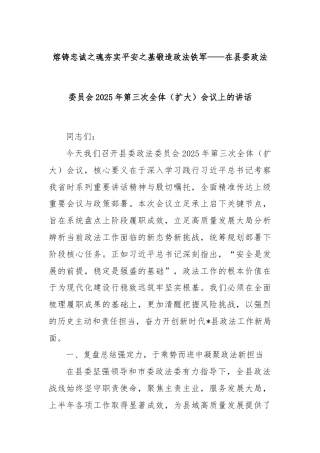 熔铸忠诚之魂夯实平安之基锻造政法铁军——在县委政法委员会2025年第三次全体（扩大）会议上的讲话