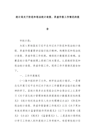 统计局关于防范和惩治统计造假、弄虚作假工作情况的报告