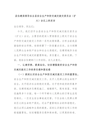 县住建局领导在全县安全生产和防灾减灾救灾委员会（扩大）会议上的发言