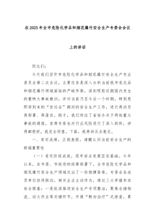 在2025年全市危险化学品和烟花爆竹安全生产专委会会议上的讲话