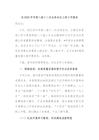 在2025年市委八届十二次全体会议上的工作报告